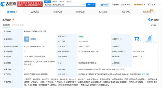 蚂蚁集团成立云帆科技，注册资本1000万布局计算机软硬件零售